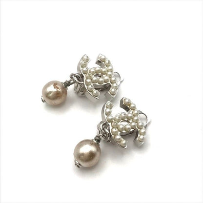Chanel CC Logo Faux Pearl Swing Earrings Silver