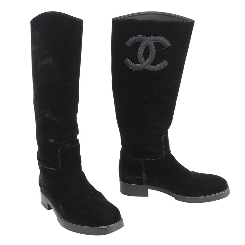 Chanel Deca Coco Mark Velvet Long Boots 36.5 23-23.5cm (9.25in) Pecos Boots