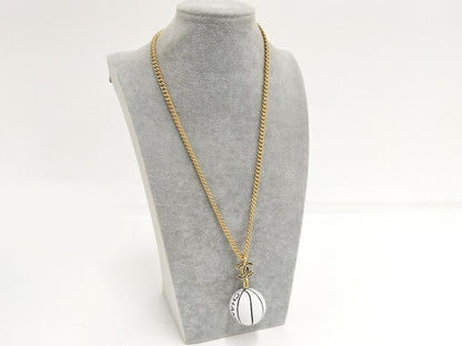 Chanel Necklace Basketball Motif Coco Mark Plated Gold White B24C