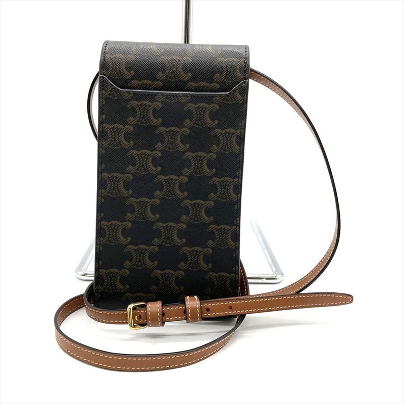 Celine Triomphe Mobile Pouch Pochette Leather Brown Gold Hardware Signature
