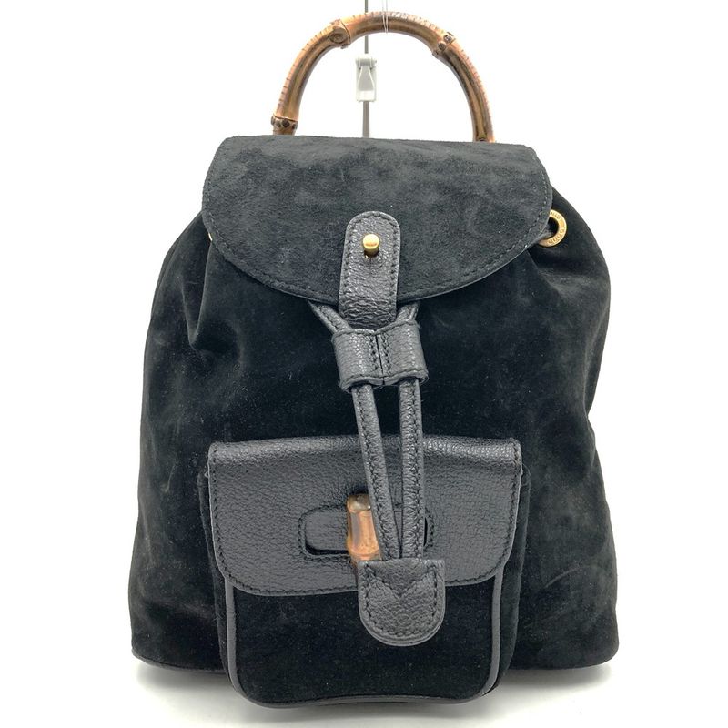 Gucci 00319560030 Backpack Daypack Black Suede/leather Bamboo Women's