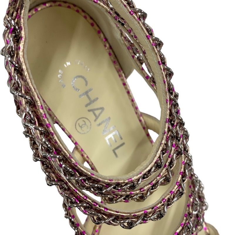 Chanel Sandals Shoes Leather Pink Silver Coco Mark Chain Dot Metallic