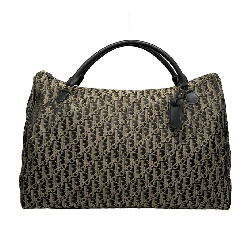 Dior/christian Dior Boston Bag Trotter Black And Gray Beige Leather