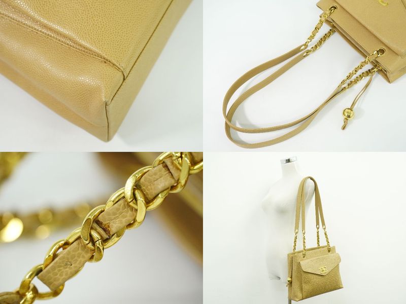 Authentic Chanel Coco Mark Shoulder Bag Tote Bag Caviar Skin Leather Beige Coco