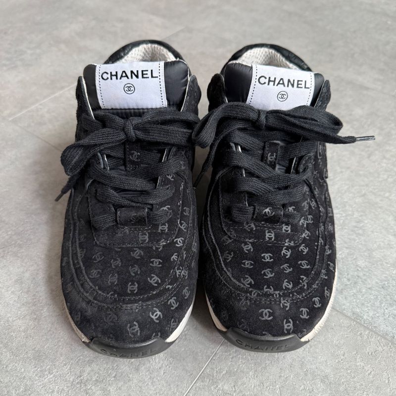 Chanel Coco Mark Sneakers Suede Mesh Logo Black White 38 25cm (9.84in)