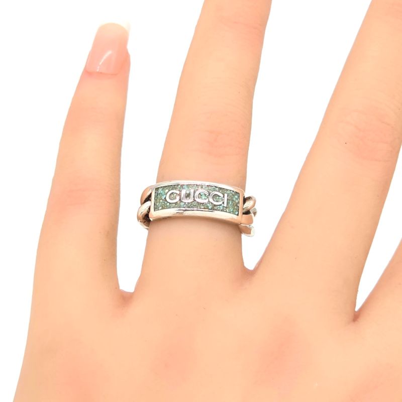 Gucci 678711 Logo Plate Golmet Chain Ring 10 Approx 10 Enamel Greenish Color