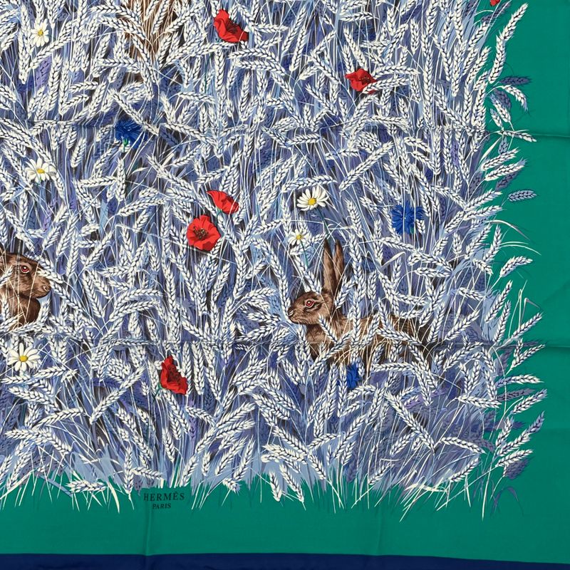 Hermes Carre 90 Lapins DANS UN Champ DE Wheat Field And Rabbit Blue And