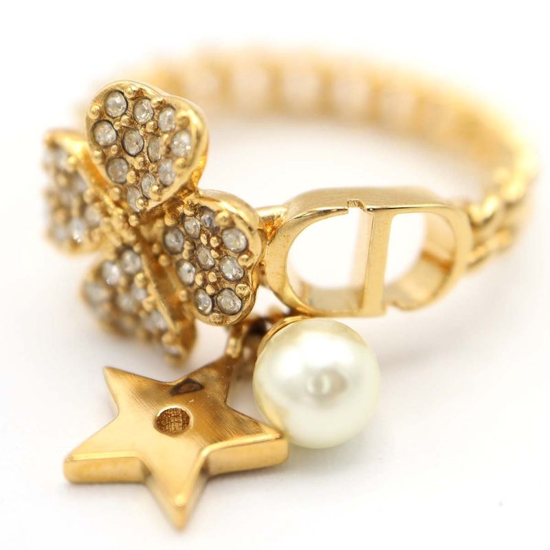 Christian DIOR Ring D-clover Clover Star Resin Pearl Size L Approx 13.5