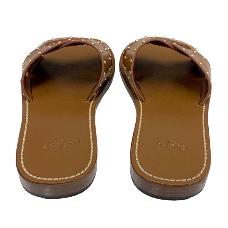 Celine Sandals Shoes Leather Brown Gold Flat Sandals Mules Studs