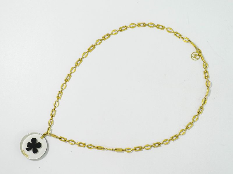 Authentic Chanel Clover Necklace Pendant Plastic GP Gold Plated Clear Black