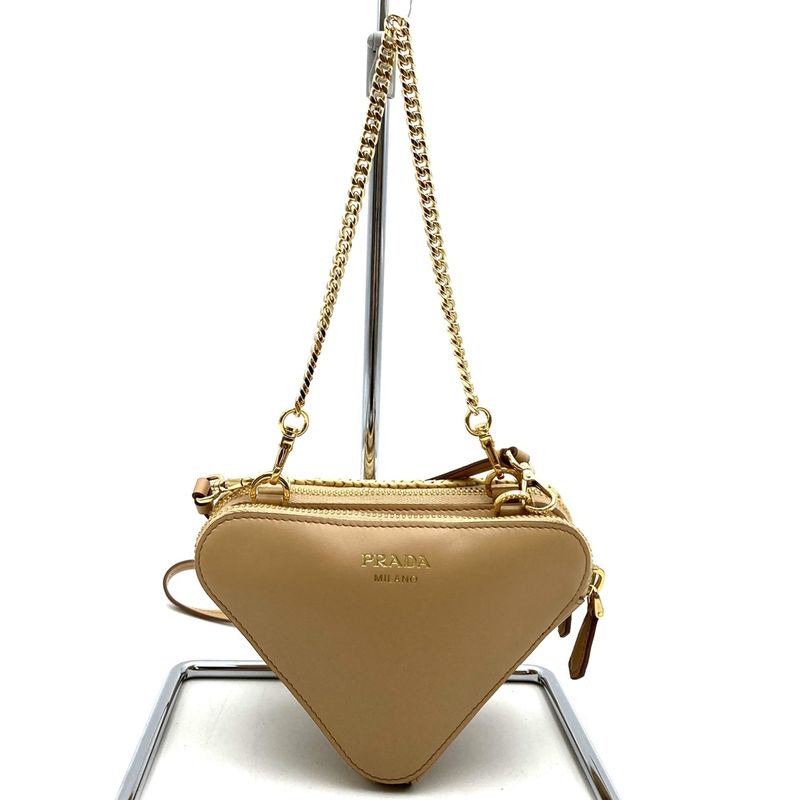 Prada Triangle Shoulder Bag Chain Bag Mini Bag 1nr015 Raffia Beige Women