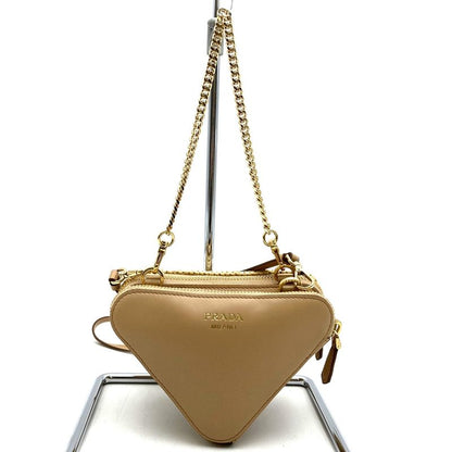 Prada Triangle Shoulder Bag Chain Bag Mini Bag 1nr015 Raffia Beige Women