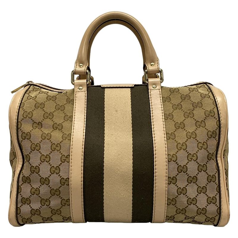 Gucci Handbag GG Pattern 247205 Dark Brown And Beige Mini Boston Leather