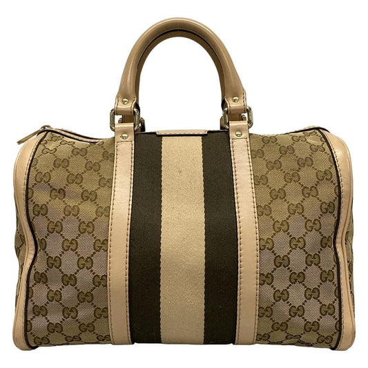 Gucci Handbag GG Pattern 247205 Dark Brown And Beige Mini Boston Leather