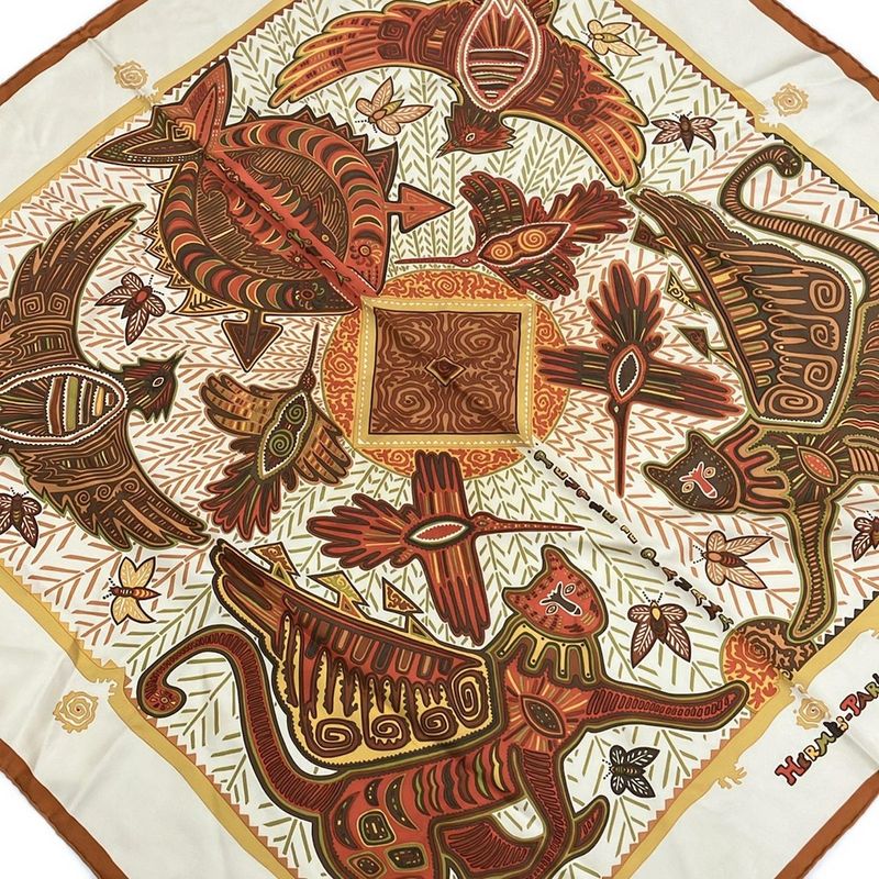 Hermes Scarf Carré 90 Ivory X Brown X Multi Legende KUNA Peuple DE Panama
