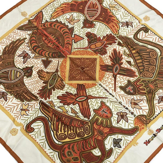 Hermes Scarf Carré 90 Ivory X Brown X Multi Legende KUNA Peuple DE Panama