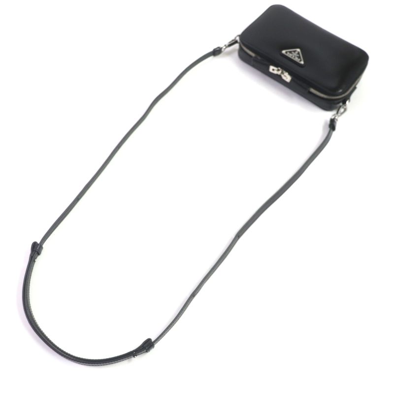 Prada 2vh173 Brick Brushed Leather Triangle Logo Shoulder Bag Black Made In