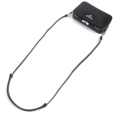 Prada 2vh173 Brick Brushed Leather Triangle Logo Shoulder Bag Black Made In