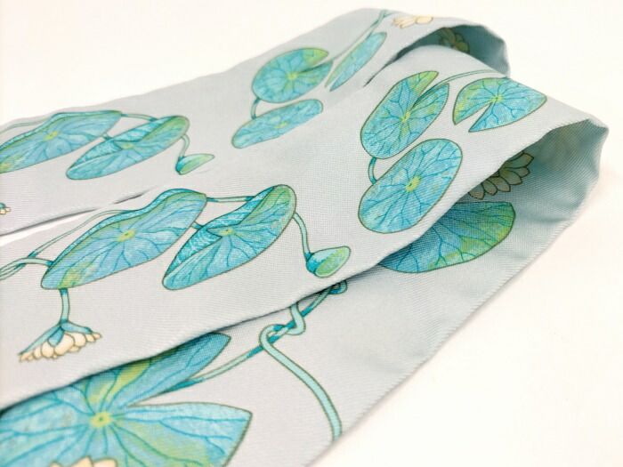 Hermes Twilly Scarf 100% Silk Lotus Flower Light Blue Multicolor