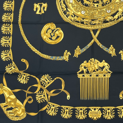 Hermes Carre 90 LES Cavaliers D'OR Golden Knight Scarf Silk Gold And Black