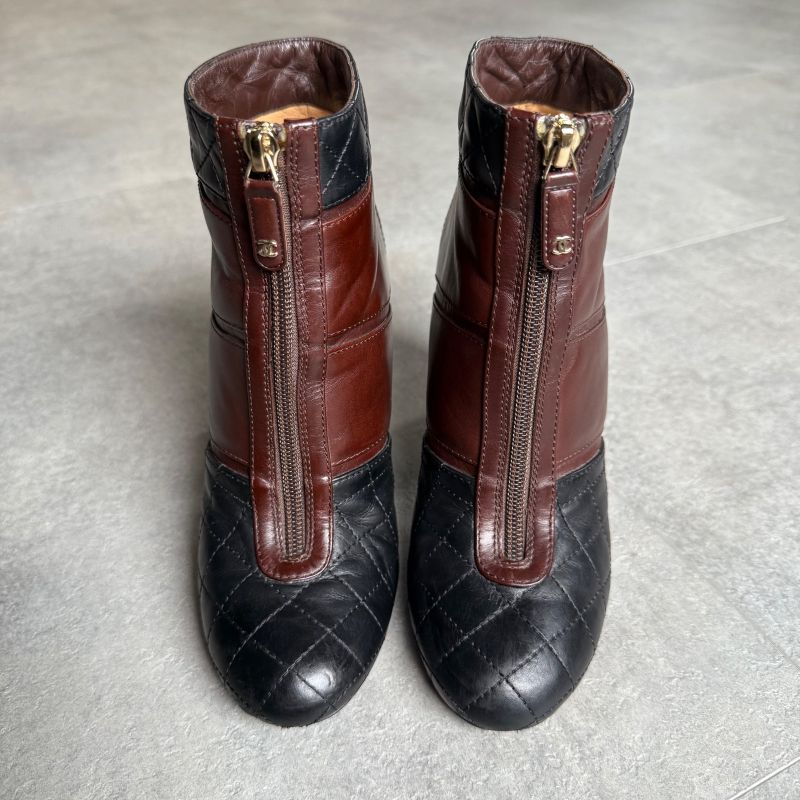 Chanel Matelasse Coco Mark Zip Up Boots Leather Brown Black Bicolor 37c 24cm