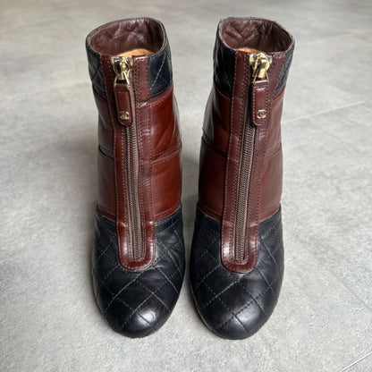 Chanel Matelasse Coco Mark Zip Up Boots Leather Brown Black Bicolor 37c 24cm
