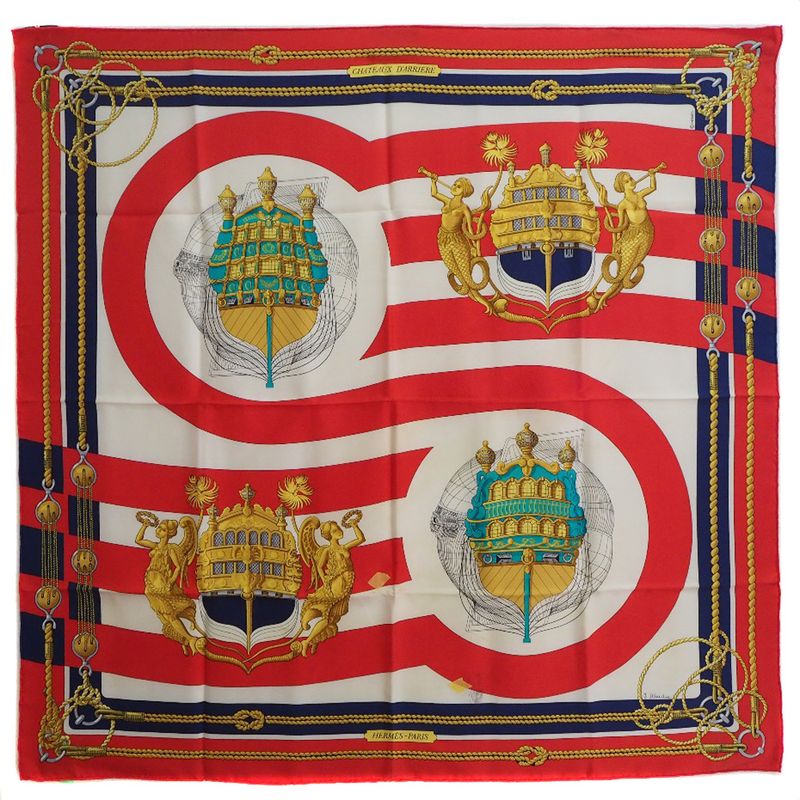 Hermes Carré 90 Chateaux D'arriere Stern Silk Red Women's Scarf