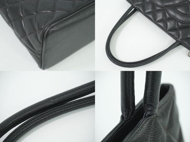 Authentic Chanel Coco Mark Revival Tote Handbag Caviar Skin Leather Black Coco