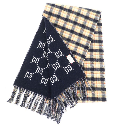 Gucci 597527) Wool 100 Checked GG Pattern Reversible Scarf Scarf With Fringe