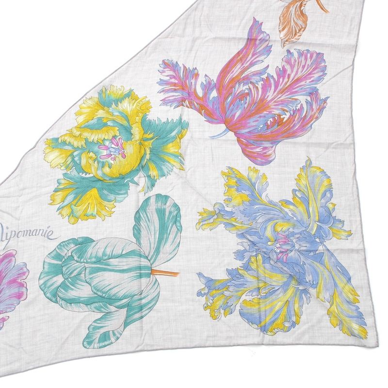 Hermes Triangle Jean Tulipomanie Cashmere Silk Floral Scarf Gray