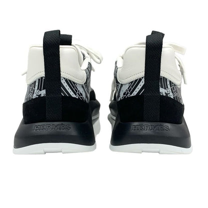 Hermes Glam Sneakers Shoes Leather Suede Black White Bandana Pattern