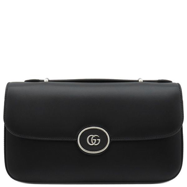 Gucci 2way Bag Double G Plate Leather Black Silver Hardware Black Shoulder