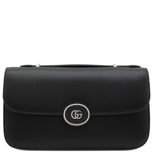 Gucci 2way Bag Double G Plate Leather Black Silver Hardware Black Shoulder