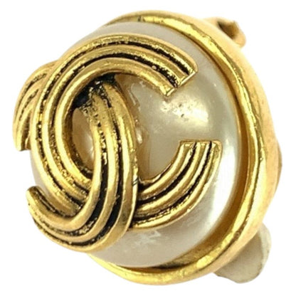 Chanel Faux Pearl Coco Mark Gold White Plated/faux Pearl Earrings 94 A Engraved