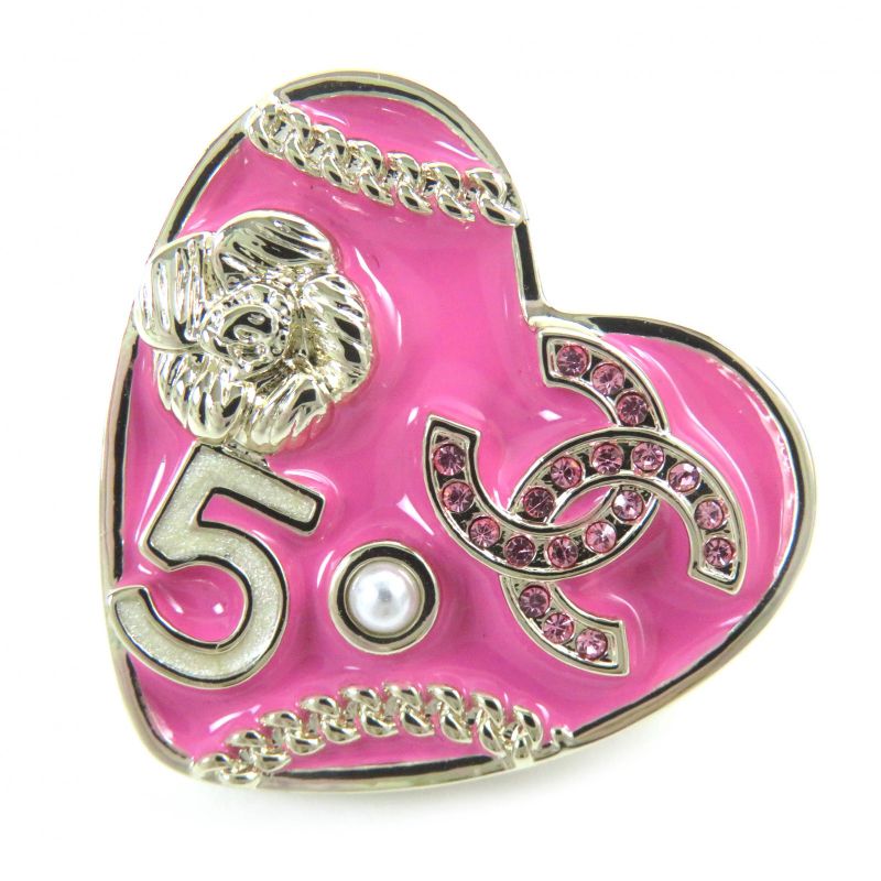 CHANEL B24S No5 Coco Mark Faux Pearl Rhinestone Heart Pin Brooch Pink Gold