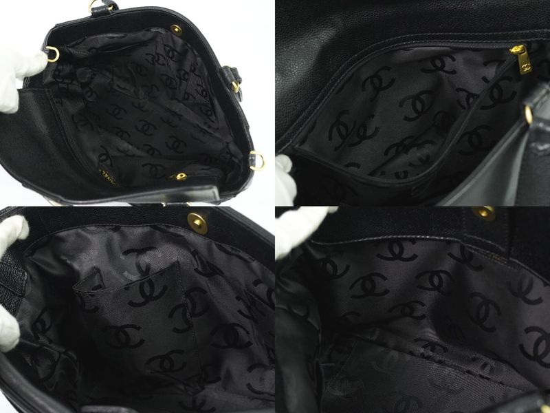 Authentic Chanel Coco Mark Shoulder Bag Tote Bag Caviar Skin Leather Black Coco