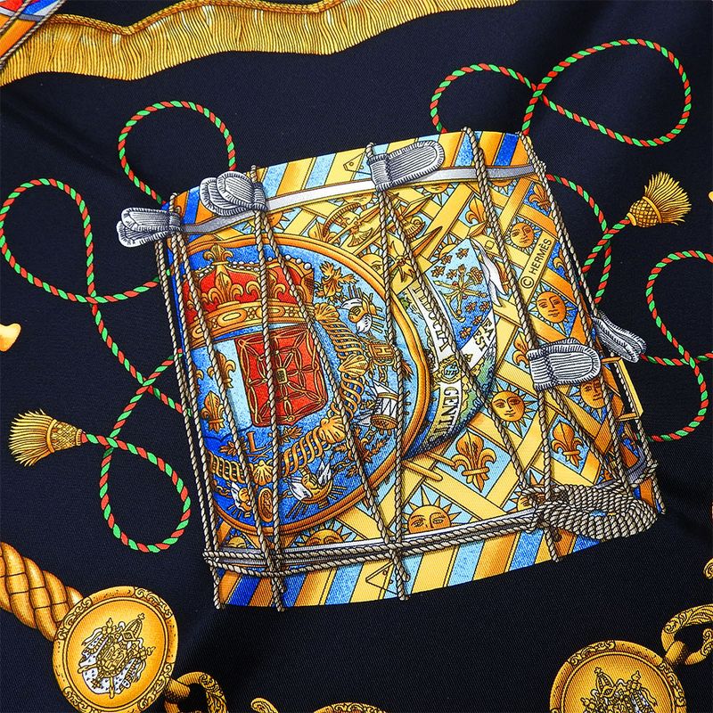 Hermes Scarf Carré 90 Silk Black Gold LES Tambours Tambour Drums Women Hermes