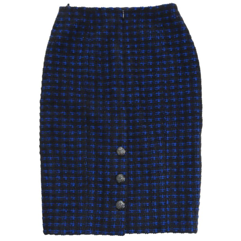 Chanel Coco Mark Button Tweed Skirt Checked Knee-length P52579 Polyester Wool