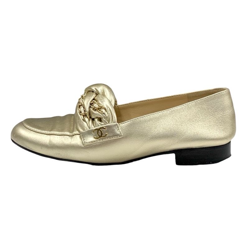 Chanel Loafers Shoes Leather Gold Flat Shoes Here Mark Chain