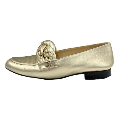 Chanel Loafers Shoes Leather Gold Flat Shoes Here Mark Chain