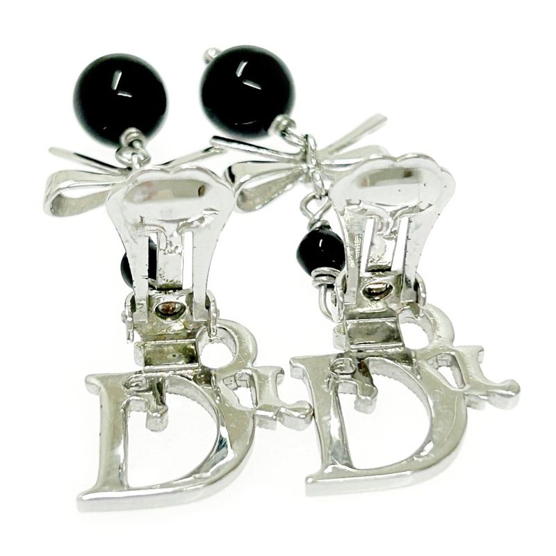 Christian Dior Metal Rhinestone Dior Logo Swing Ribbon Earrings Silver 291225