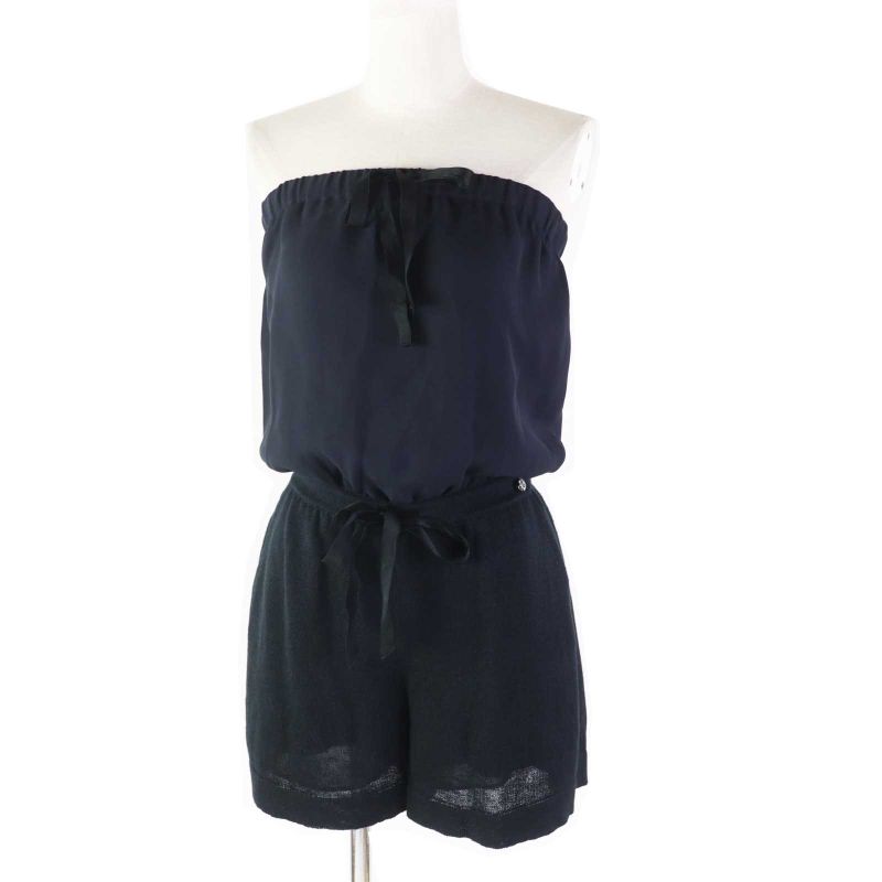 CHANEL P40728 Linen Silk Bare All-in-one Short Length Navy Black 34 Made In