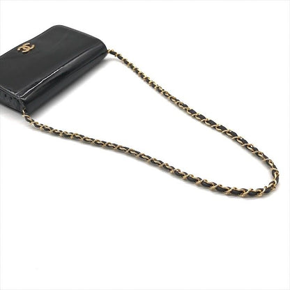 Chanel CC Logo Patent Chain Shoulder Bag Black Push Lock