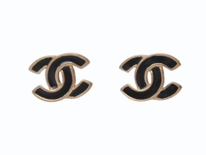 Chanel CC Logo Earrings 02 Black Gold Frame
