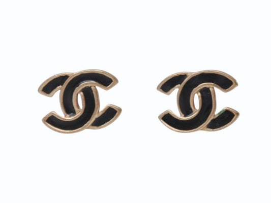 Chanel CC Logo Earrings 02 Black Gold Frame