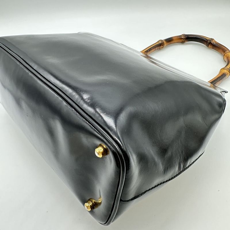 Gucci 000-781 Handbag Black Leather Bamboo Women Men Vintage Fashion  Gift