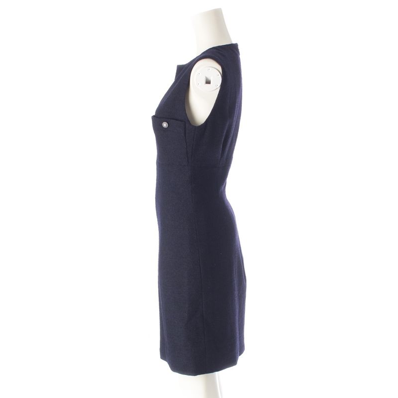 Chanel 96P Wool Coco Button Tweed Sleeveless Dress P06304 Navy 38