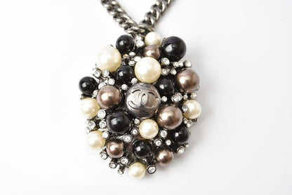 Chanel Necklace Pendant Chanel CC Marked Rhinestone Pearl Black White Silver