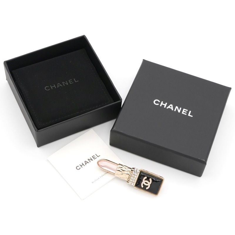 Chanel Brooch Corsage Gold Black Pink Here Mark Rhinestone Lip Motif