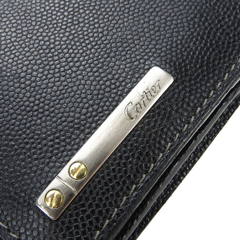 Cartier Long Wallet Santos De Leather Black Bifold Simple Small Everyday Use